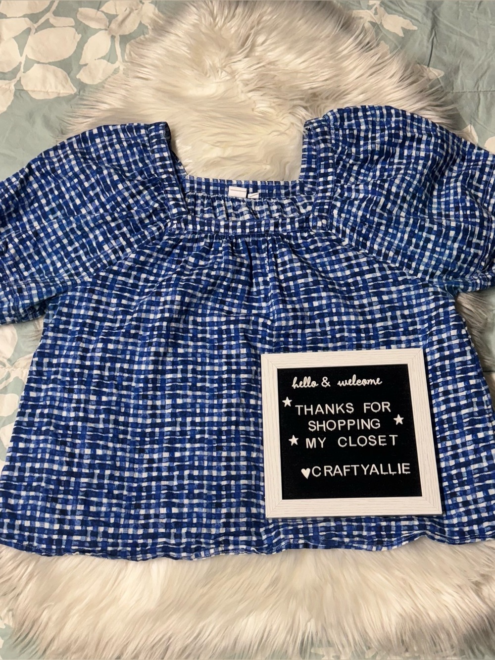 GAP Short Sleeve Square Neck Blue Gingham Top | Women’s Large